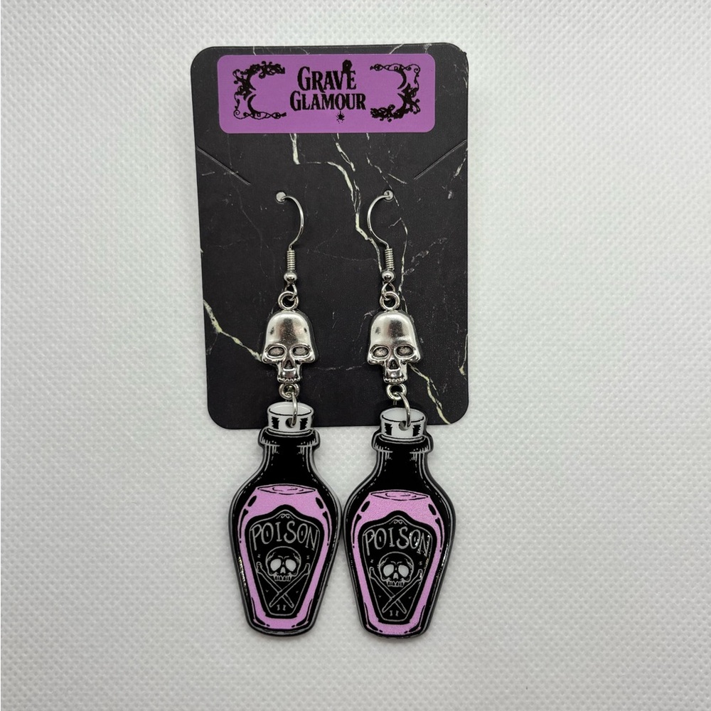 Handmade Pink and Black Poison Bottle skull Earrings